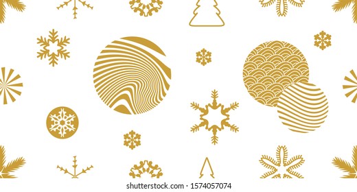 	
Golden Christmas seamless pattern with modern motifs. Abstract snowflakes and circles with different ornaments. Retro design collection. On white background.
