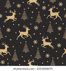 Golden christmas seamless pattern. Christmas pattern with Reindeer and Snowflakes and Pine tree Gold color on black background. Design for fabric, gift wrapping