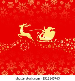 Golden Christmas Sleigh One Reindeer With Snowflakes Red Background