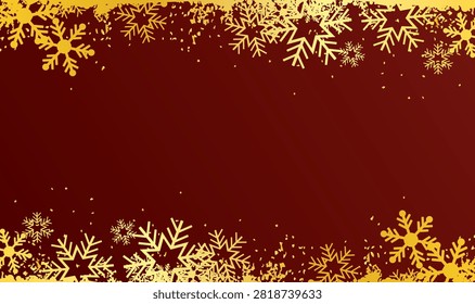 Golden christmas snowflake border background on red with snowflake christmas background seasonal celebration decoration ornament glistening wallpaper greeting invitation december metallic, Merry Christmas lettering with golden glitter wave and sparkles on red background. Festive holiday design for greeting cards, invitations, posters, banners, and winter celebration, Snowfall overlay christmas. Subtle flying snow flakes and stars on red background. Festive snowfall overlay. Wide vector illustration.