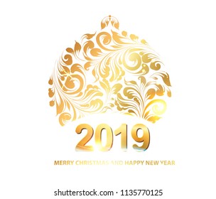 Golden christmas sphere decoration with glitter and sign 2019 over the white background. Vector illustration.
