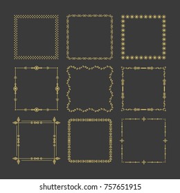 Golden Christmas square frames and borders emblem icons set on black background