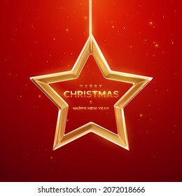Golden Christmas star with golden confetti particles isolated on red background. Merry Christmas banner design. Vector 3d illustration of hanging gold star frame. Festive sign