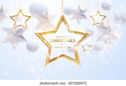 Golden Christmas star frame with hanging white stars and balls. Merry Christmas banner design. Vector 3d illustration. Festive sign. Winter holiday background with snow overlay