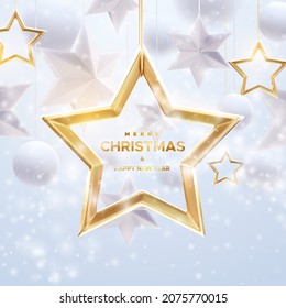 Golden Christmas star frame with hanging white stars, snowflakes and balls. Merry Christmas banner design. Vector 3d illustration. Festive sign. Winter holiday background with snow overlay