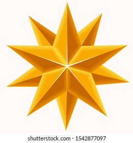 Golden Christmas Star isolated on white Background. Top View Close-Up Gold Star render. isolated on white. Vector. Christ was born. Star.