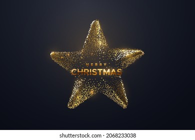 Golden Christmas star isolated on black background. Merry Christmas banner design. Xmas bauble of fading gold glitters. Vector 3d illustration. Festive sign