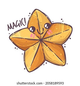 Golden Christmas star. Magical Christmas character with cute face for posters, postcards, t-shirt prints. Magic - lettering quote. Vector hand drawn style illustration.