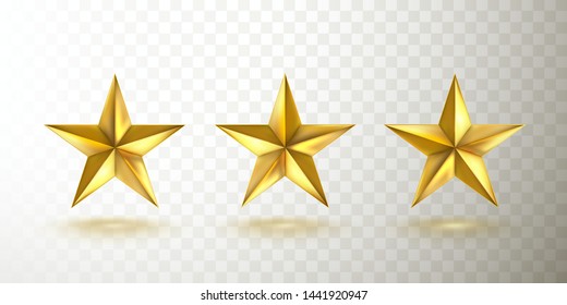 Golden Christmas Star Set Isolated On Transparent Background. Vector Gold 3D Trophy Star Icons. Shiny Yellow Metal Badge Or Medal Template.
