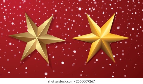 Golden Christmas Stars on a Snowy Red Background