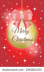 Golden Christmas toy with red belt for merry christmas and happy new year, vector illustration