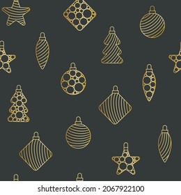 Golden Christmas toys on a dark background seamless festive pattern. Painted cut-out patterned baubles for decoration. Template for gift wrapping, fabric, wallpaper and design.