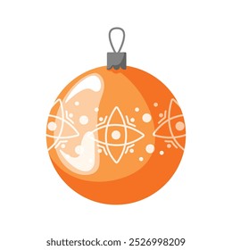 Golden Christmas tree ball with intricate white patterns in cartoon style. Perfect for holiday decor, festive design, greeting card or seasonal project.