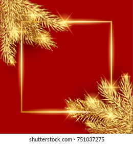 Golden Christmas tree branch with a square frame on a red background. Merry Christmas and Happy New Year background for the poster, flyer, banner and cover of the calendar 2018.