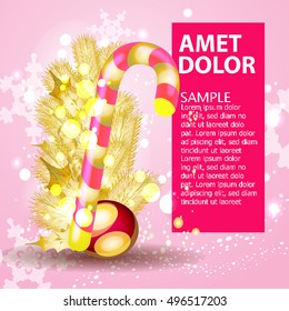 Golden Christmas tree and candy on a pink background for the magazine