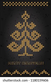 Golden Christmas tree and decorations on stylish luxury greeting card for Xmas.