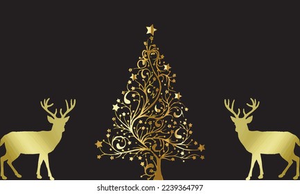 golden christmas tree and deers on black background heralds of christmas