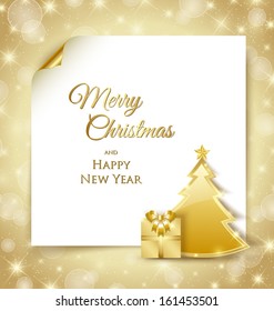 Golden Christmas tree and gift document template on shiny golden background