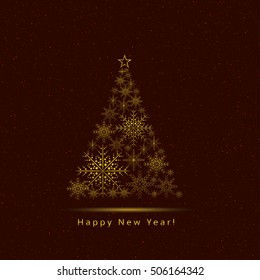 Golden Christmas tree. Happy New Year, Golden snowflake decoration