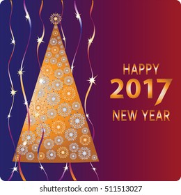 Golden Christmas tree. Happy new year. Design a Christmas greeting card, invitations to festive new year's eve.