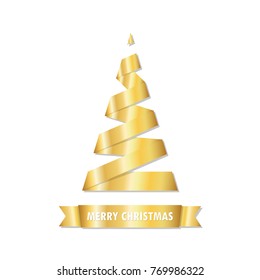 Golden Christmas tree isolated on white background. Vector illustration. Christmas tree made of golden ribbon