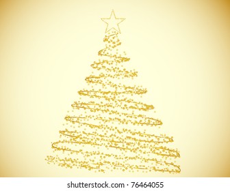 Golden Christmas Tree Made of Circles and Stars on a Gold Background