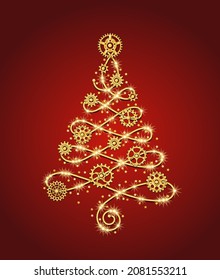 Golden christmas tree made of gold wire with gears, sparkles, little scattered stars on a red background in steampunk style. Delicate lacy shape with loops. Vector illustration