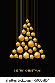 Golden  Christmas tree  made of gold  Xmas balls on black background.  Vector illustration.