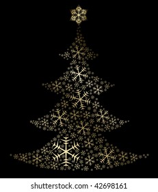 Golden christmas tree made from snowflakes (vector)