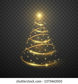 Golden christmas tree on dark transparent background