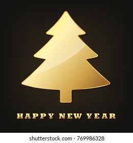 Golden Christmas tree on dark background. Vector illustration. Festive background wiitgh Christmas tree