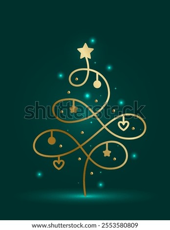 Golden Christmas Tree on Dark Green Background. Decorative Line Art Fir Tree.