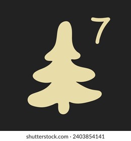 Golden Christmas tree on a green background. Christmas advent calendar in the style of minimalism, flat lay. Day 7