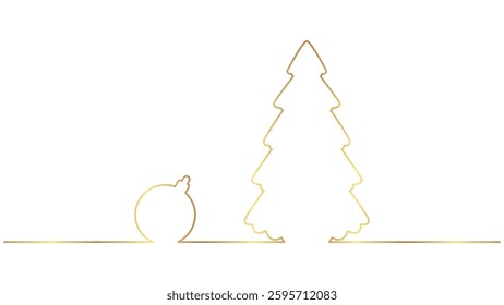 A golden Christmas tree and ornament are depicted in minimalist line art, creating an elegant and festive design. Perfect for holiday decorations and greetings.