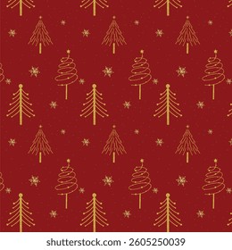 Golden Christmas Tree Pattern in Red Background.