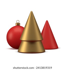 Árbol de Navidad dorado con juguete de bola roja y icono geométrico de abeto 3d ilustraciones vectoriales realistas. Elementos decorativos premium de navidad para celebraciones tradicionales de invierno