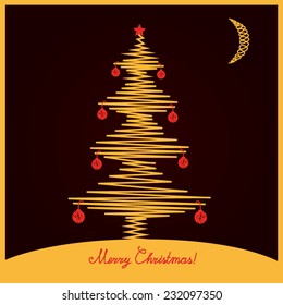 Golden Christmas tree with red decorations on a black background, text-Merry Christmas