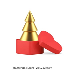 Golden Christmas tree in red gift box heart shape luxury decor element 3d icon realistic vector illustration. Premium Xmas New Year minimalist spruce souvenir for winter traditional holiday celebrate