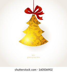 Golden Christmas tree with ribbons and place for text. Element for Christmas design. It can be used for decorating of invitations, greeting cards, labels, decoration for bags and clothes.