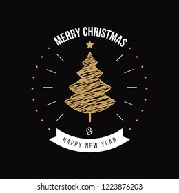 Golden christmas tree scribble drawing greetings black background