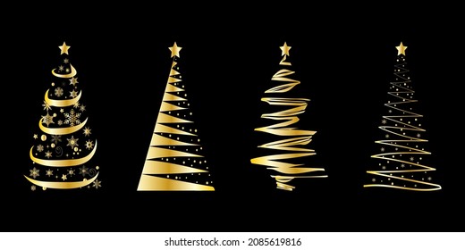 Golden Christmas tree set. Gold silhouette on black background. Vector Illustration.