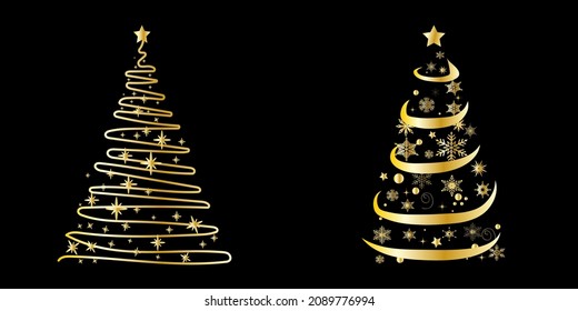 Golden Christmas tree set. Gold silhouette on black background. Vector Illustration.