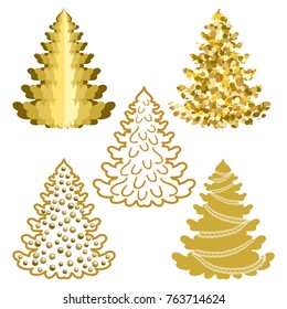 Golden christmas tree set, several variations in gold color gamut on white background. Vector illustration