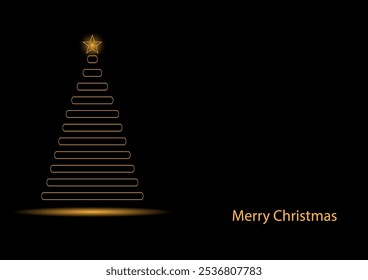 The golden of the Christmas tree with a golden shiny star on top on black background.