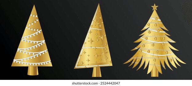 Golden Christmas Tree with Star, Festive icon decoration. Golden Set of Xmas Tree in outline style, texture with zigzag line. Shiny silhouette, sign, symbol for Holiday design. Vector illustration kit