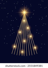 Golden Christmas tree with stars on blue background. Vector illustration.