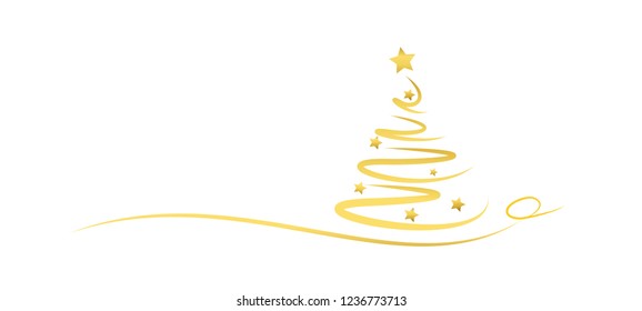 golden christmas tree with golden stars and scribble effects, white background