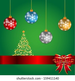 Golden Christmas tree of stars and sparkles on a green background with balls, vector illustration