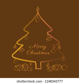 Golden Christmas tree with text merry Christmas, vector illustration.