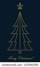 Golden Christmas tree, vector illustration with blue background